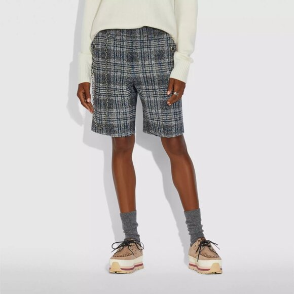 Coach Oversized Plaid Wool Boy Shorts Grey Blue Size US 6 NEW NWT